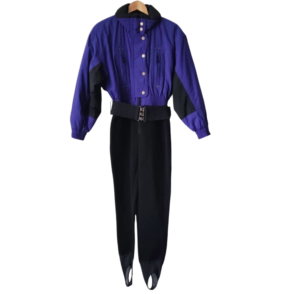 TYROLIA Vintage One Piece Ski Suit 8 Purple Black Snowsuit Boot Stretch Stirrups